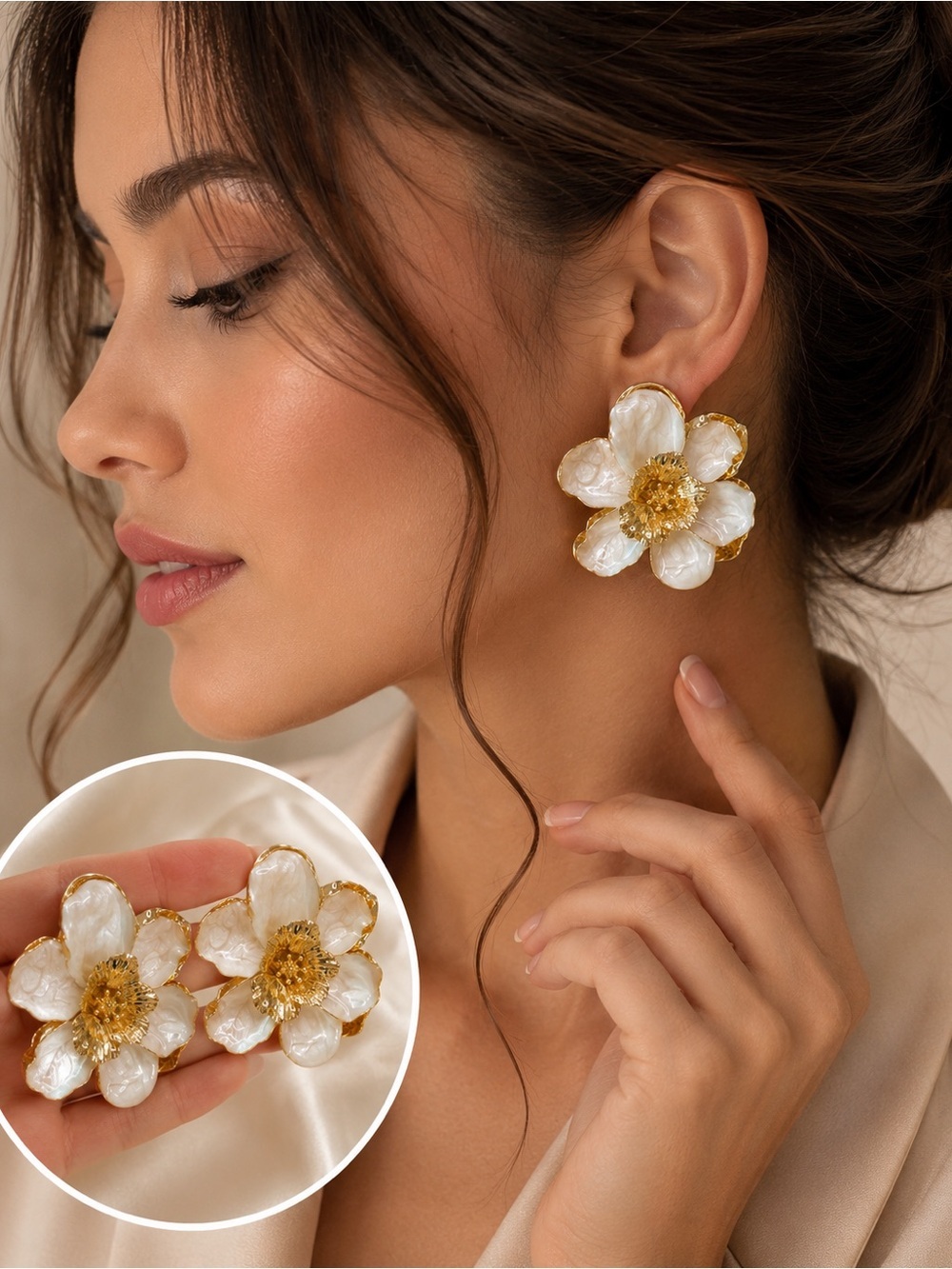 White Floral Gold Statement Earrings